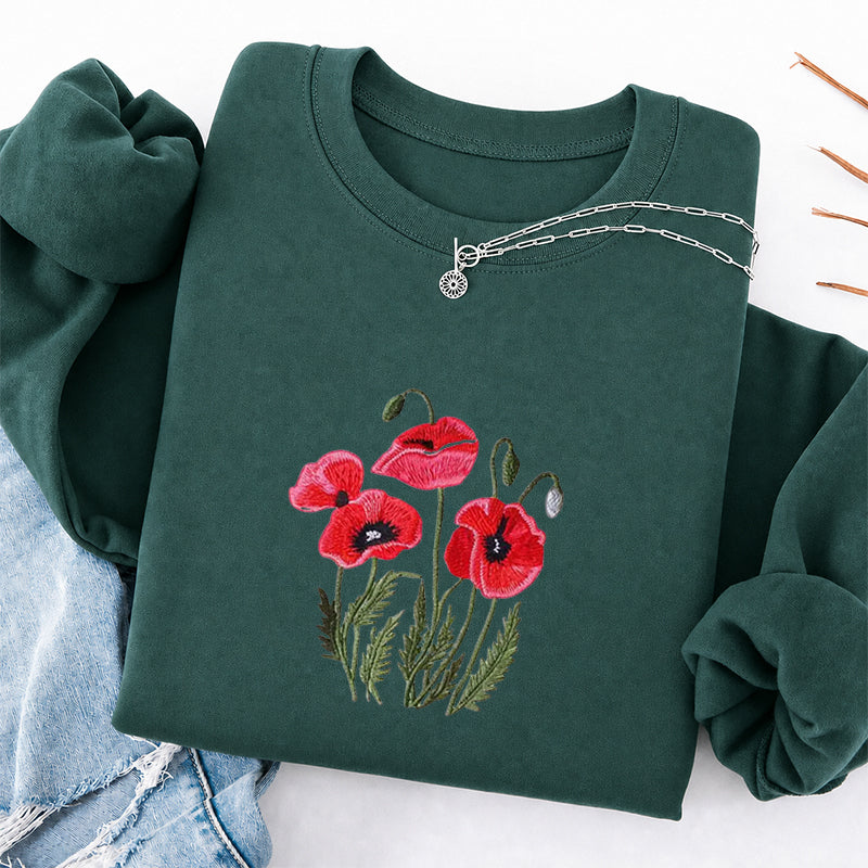 Embroidered Poppy Flower Classic Crewneck Sweatshirt