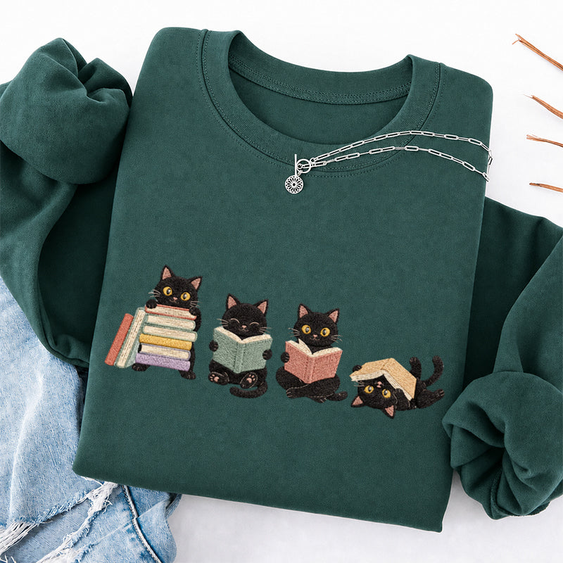 Embroidered Cat Reading Classic Crewneck Sweatshirt
