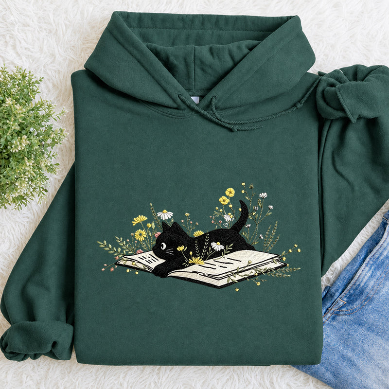 Embroidered Floral Book Cat Classic Adult Unisex Hoodie