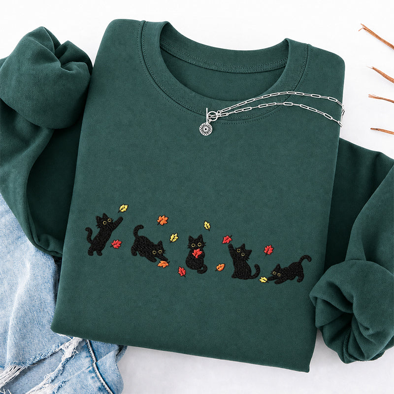 Embroidered Autumn Leaves Black Cats Classic Crewneck Sweatshirt
