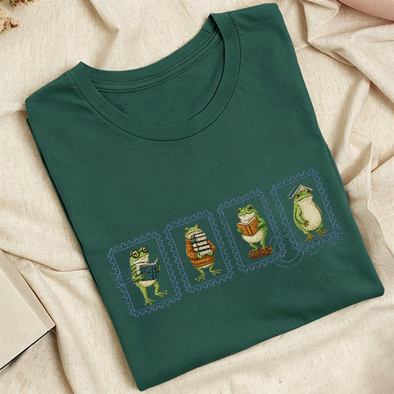 Embroidered Bookish Frog Stamp Classic Adult Unisex Crew Neck T-Shirt