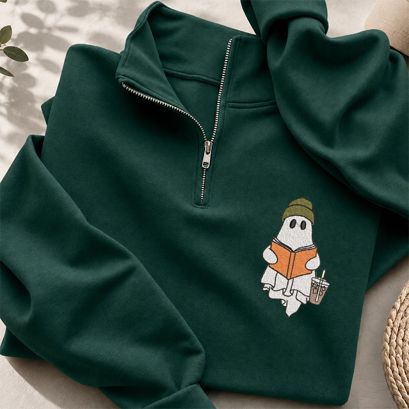 Embroidered Cute Ghost Reading Classic Quarter Zip Sweatshirt
