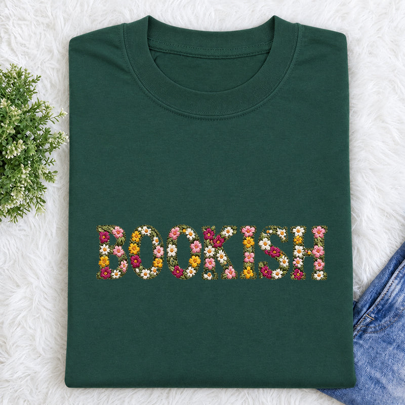 Embroidered Floral Bookish Classic Adult Unisex Crew Neck T-Shirt