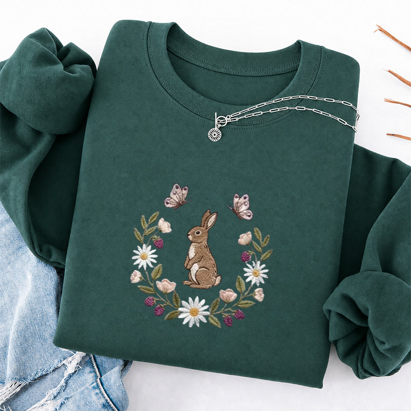 Embroidered Bunny Flower Classic Crewneck Sweatshirt