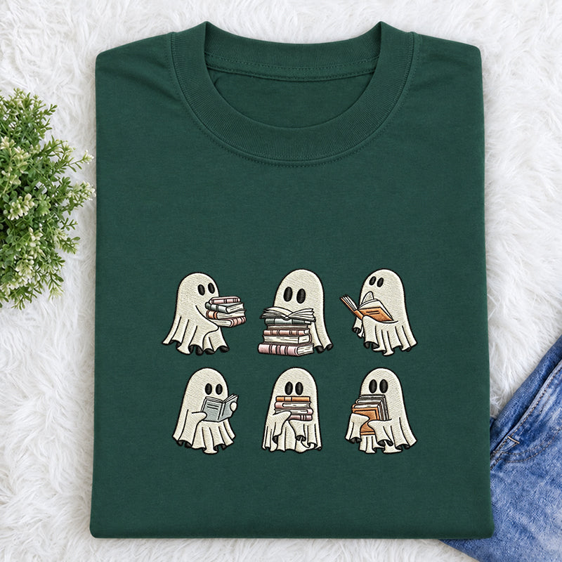 Embroidered Halloween Ghost Book Classic Crew Neck T-Shirt