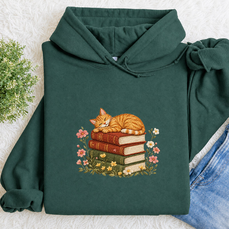 Embroidered Cat Sleeping On Books Classic Adult Unisex Hoodie