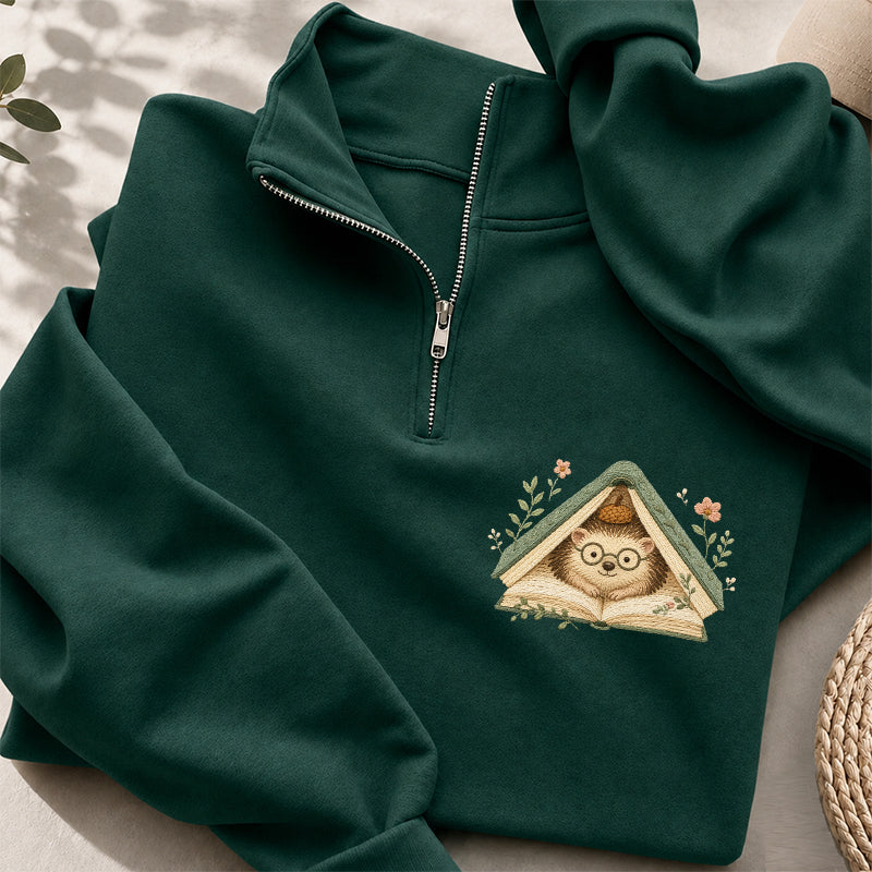 Embroidered Reading Hedgehog Classic Quarter Zip Sweatshirt