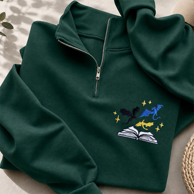 Embroidered Book And Dragon Classic Quarter Zip Sweatshirt