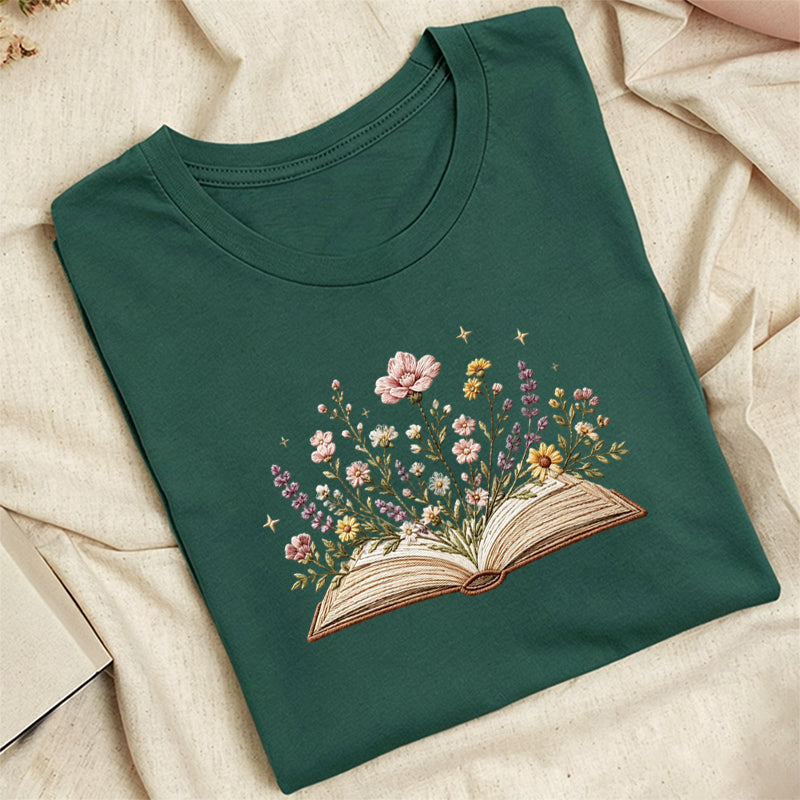 Embroidered Floral Book Classic Adult Unisex Crew Neck T-Shirt