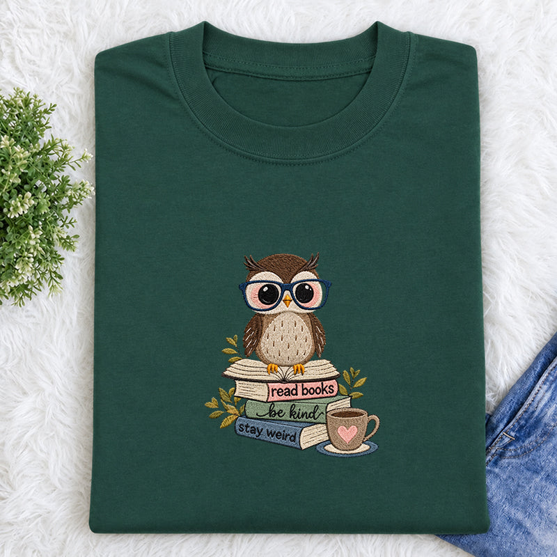 Embroidered Read Books Be Kind Owl Classic Crew Neck T-Shirt