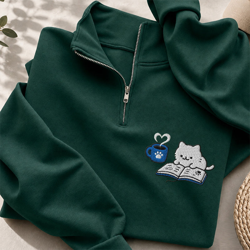 Embroidered Reading Kitten Classic Quarter Zip Sweatshirt