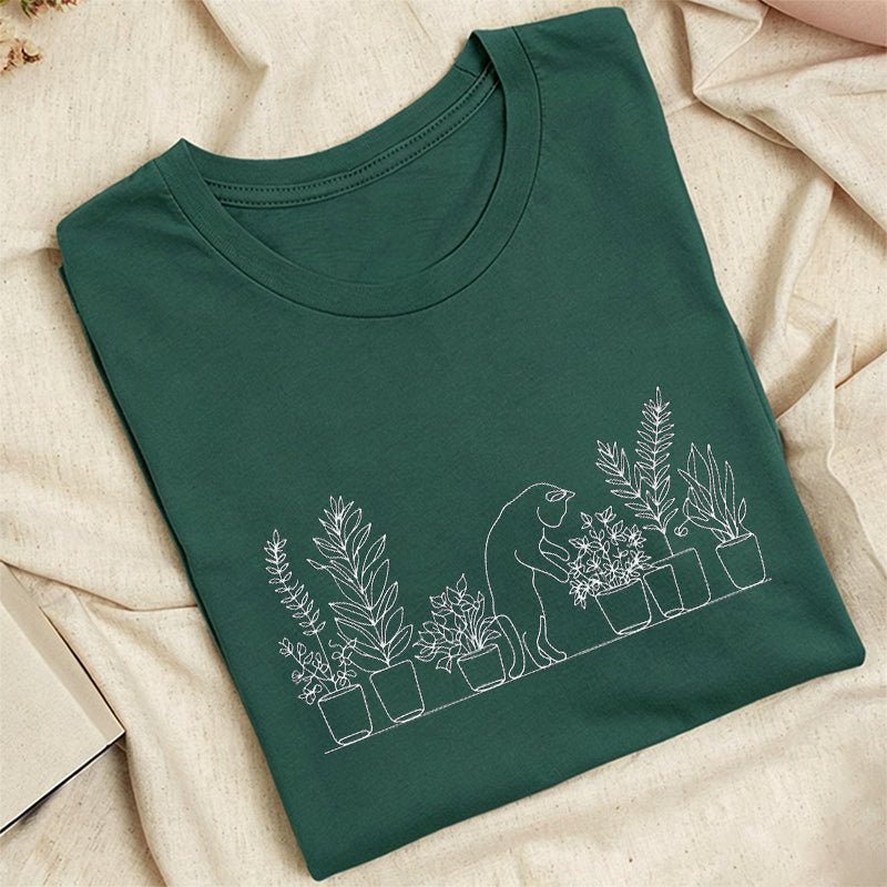 Embroidered Cat and Plant Lover Classic Adult Unisex Crew Neck T-Shirt