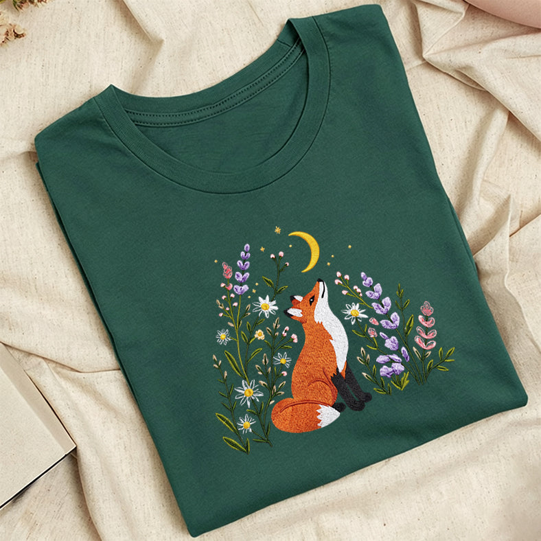 Embroidered Fox Wildflower Classic Adult Unisex Crew Neck T-Shirt