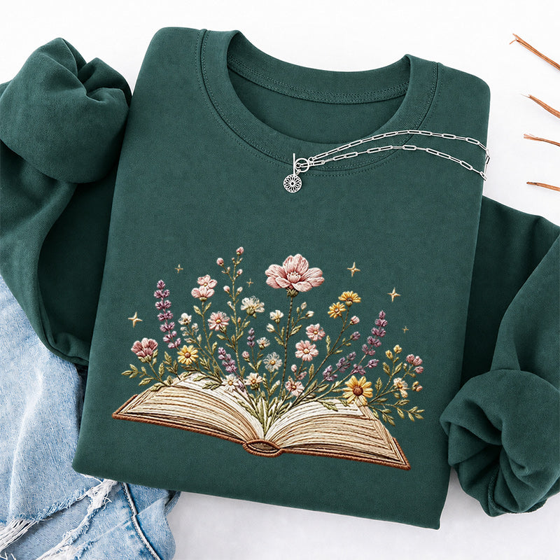 Embroidered Floral Book Classic Crewneck Sweatshirt