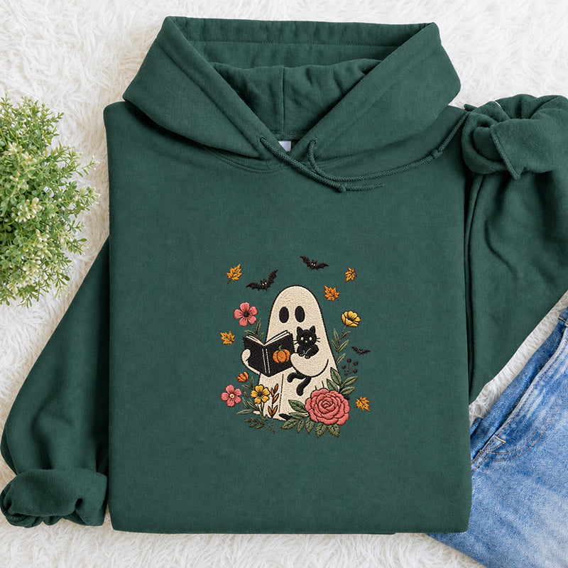 Embroidered Floral Ghost Reading Classic Adult Unisex Hoodie