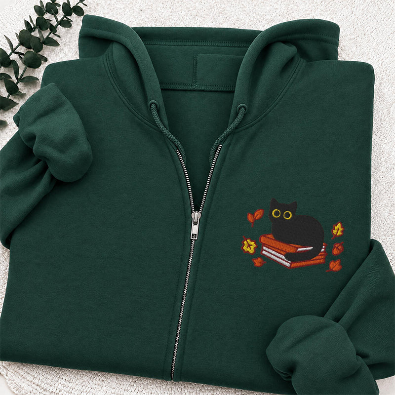 Embroidered Autumn Black Cat Book Classic Adult Unisex Full Zip Hoodie