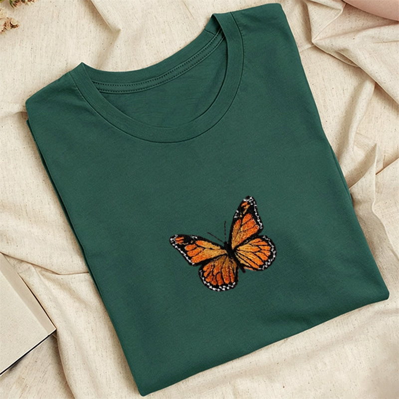 Embroidered Monarch Butterfly Classic Adult Unisex Crew Neck T-Shirt