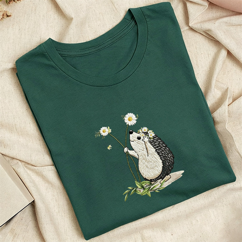 Embroidered Hedgehog Daisy Classic Adult Unisex Crew Neck T-Shirt