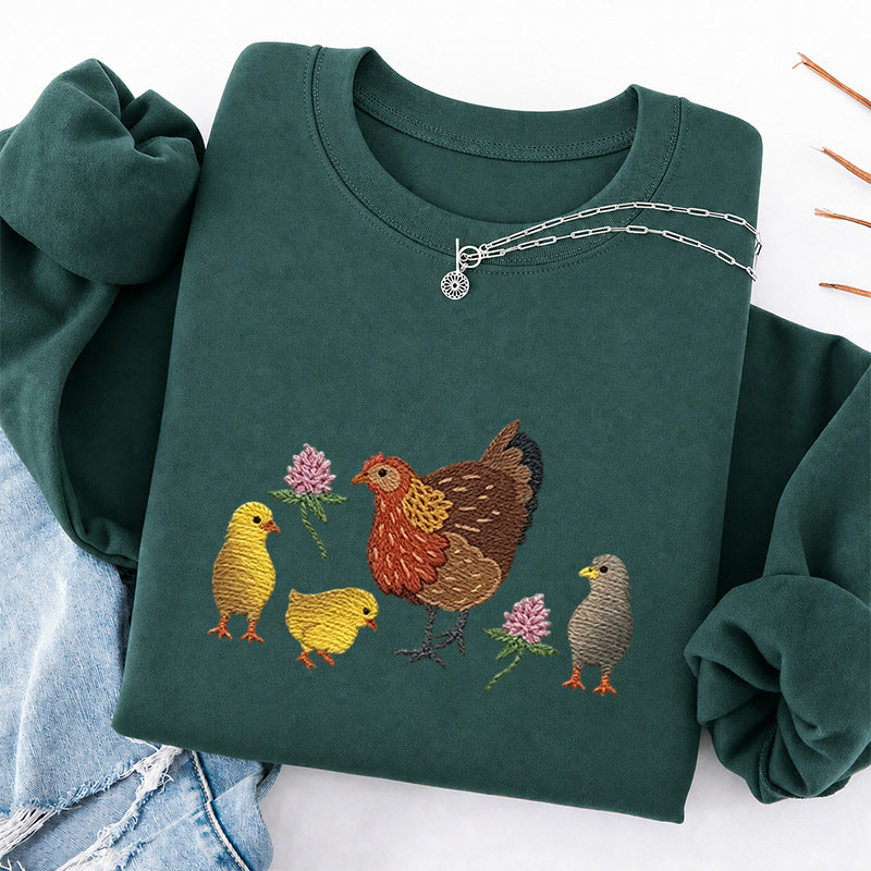 Embroidered Hen & Chicks Classic Crewneck Sweatshirt