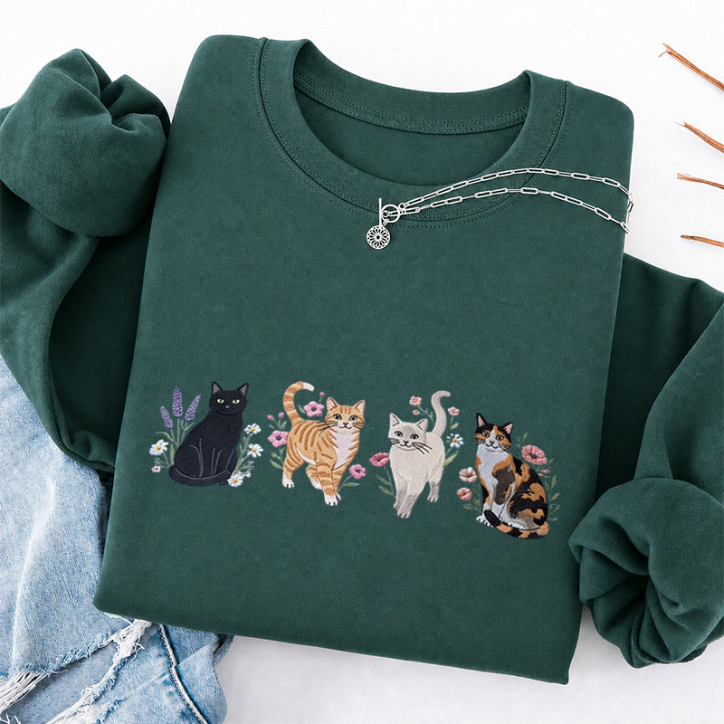 Embroidered Cats And Flowers Classic Crewneck Sweatshirt