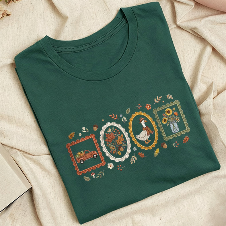 Embroidered Autumn Postcards Classic Adult Unisex Crew Neck T-Shirt