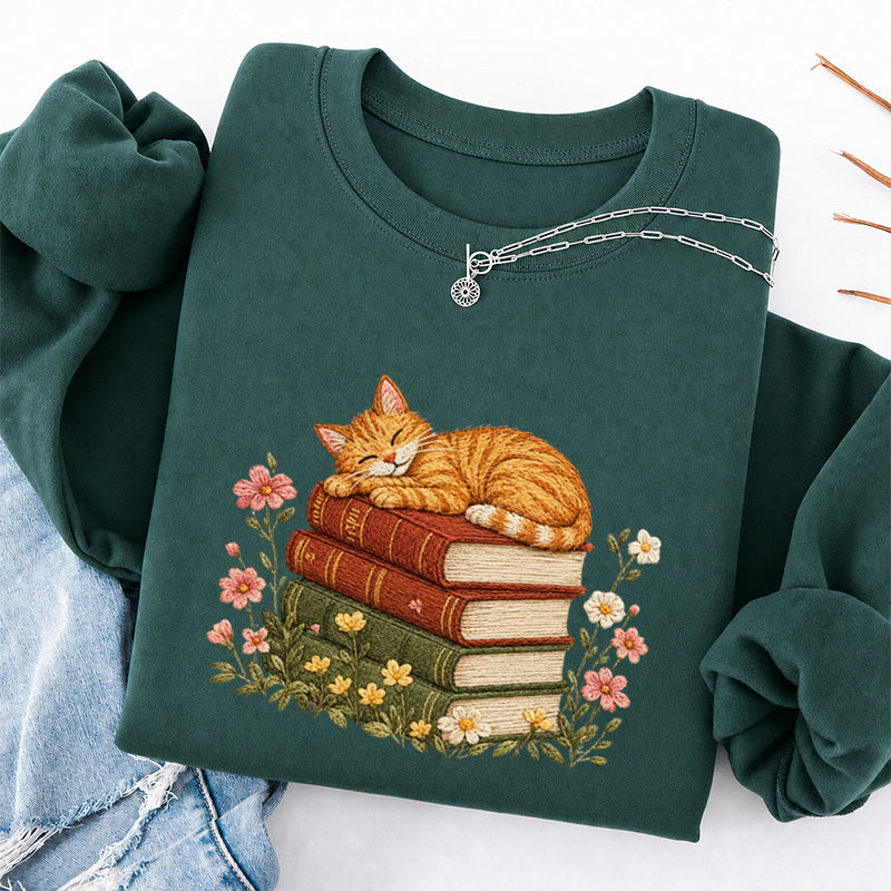 Embroidered Cat Sleeping On Books Classic Crewneck Sweatshirt