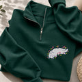 Embroidered Floral Playing Cat Classic Quarter Zip Sweatshirt