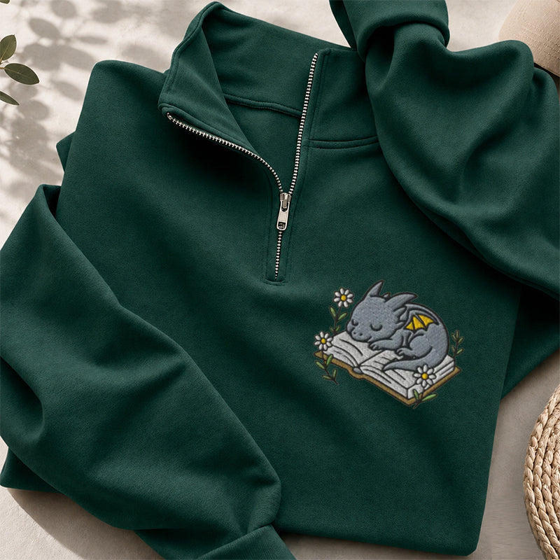 Embroidered Dragon Book Reading Classic Quarter Zip Sweatshirt