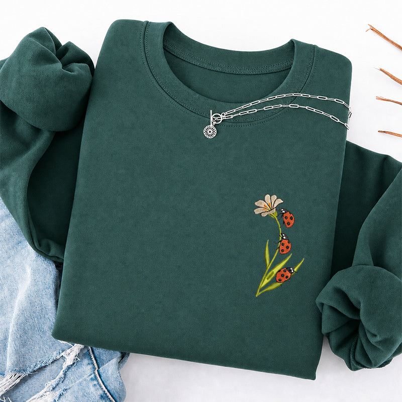 Embroidered Ladybug & Daisy Classic Crewneck Sweatshirt