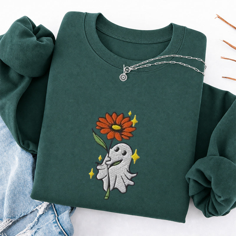 Embroidered Ghost Holding a Flower Classic Crewneck Sweatshirt