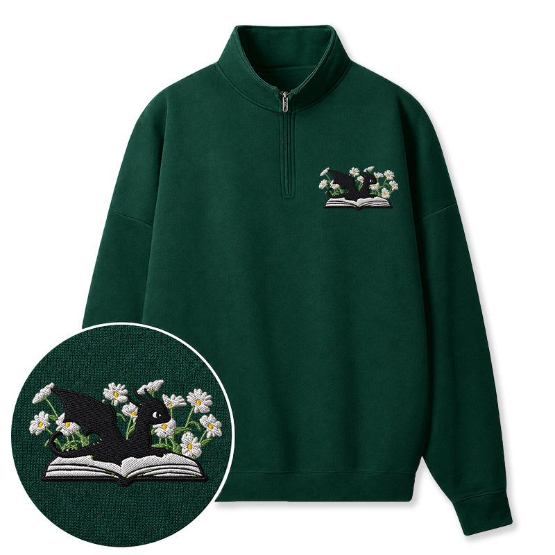 Embroidered Floral Dragon Book Classic Quarter Zip Sweatshirt