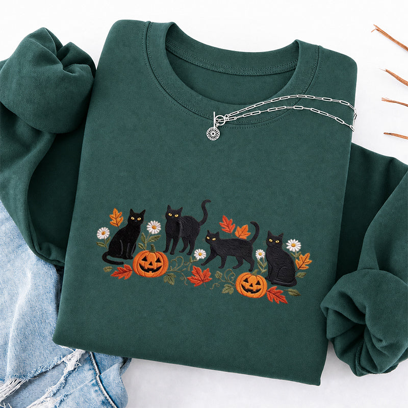 Embroidered Halloween Black Cat Pumpkins Classic Crewneck Sweatshirt