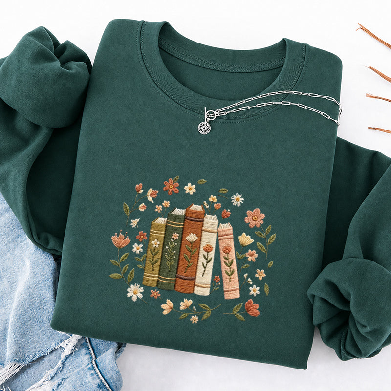 Embroidered Floral Book Stack Classic Crewneck Sweatshirt