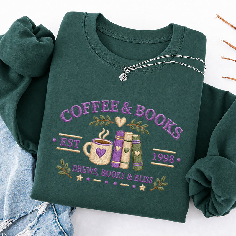 Embroidered Coffee And Books Classic Crewneck Sweatshirt