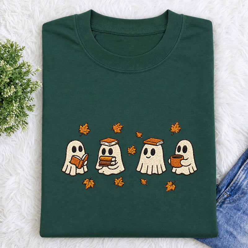 Embroidered Autumn Bookish Ghost Classic Crew Neck T-Shirt
