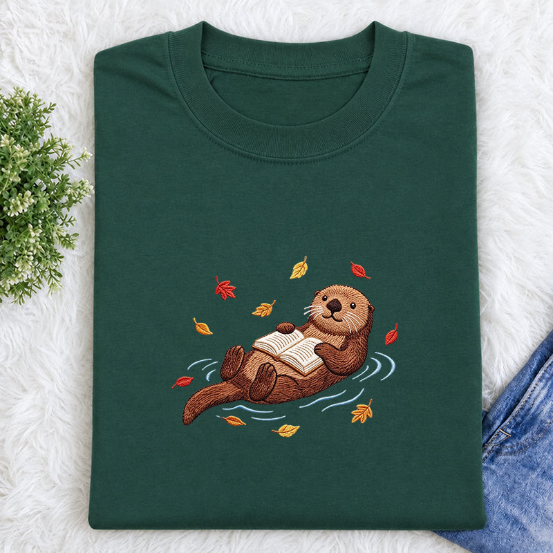 Embroidered Otter Reading Book Classic Crew Neck T-Shirt
