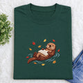 Embroidered Otter Reading Book Classic Crew Neck T-Shirt