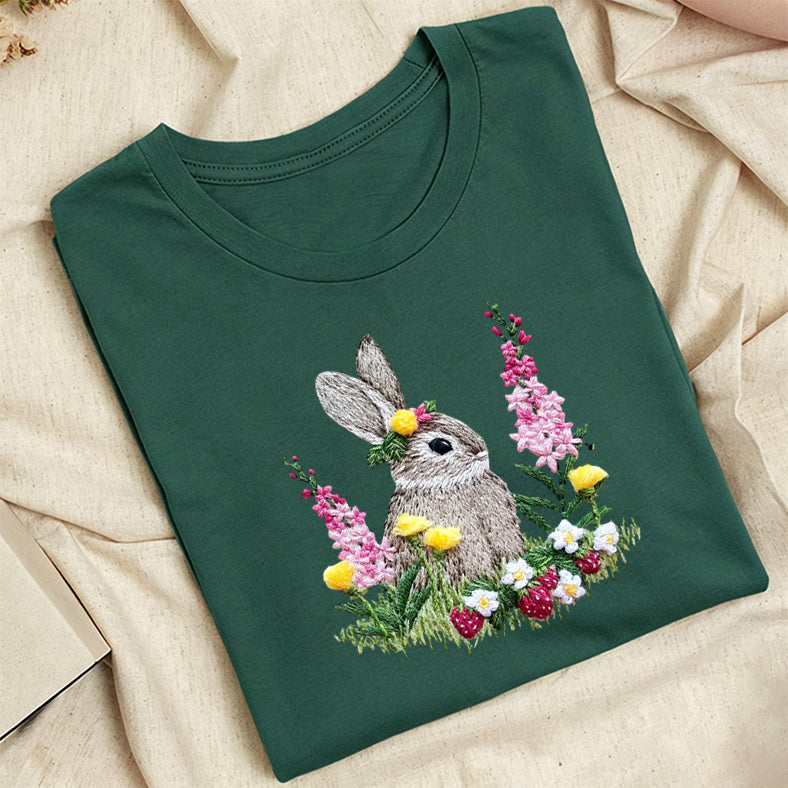 Embroidered Rabbit and Strawberries Classic Adult Unisex Crew Neck T-Shirt