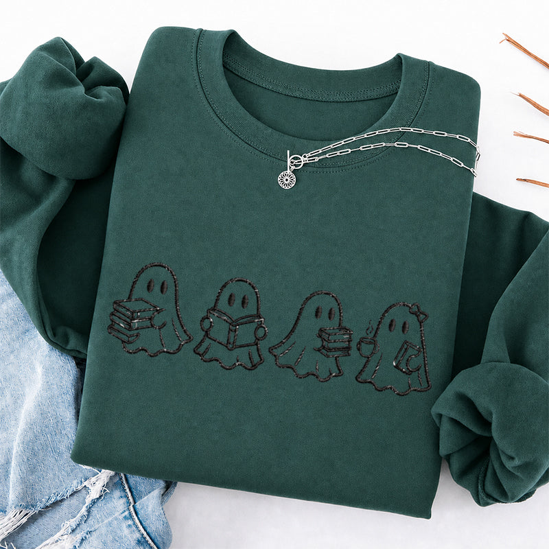 Embroidered Ghost Reading Books Classic Crewneck Sweatshirt