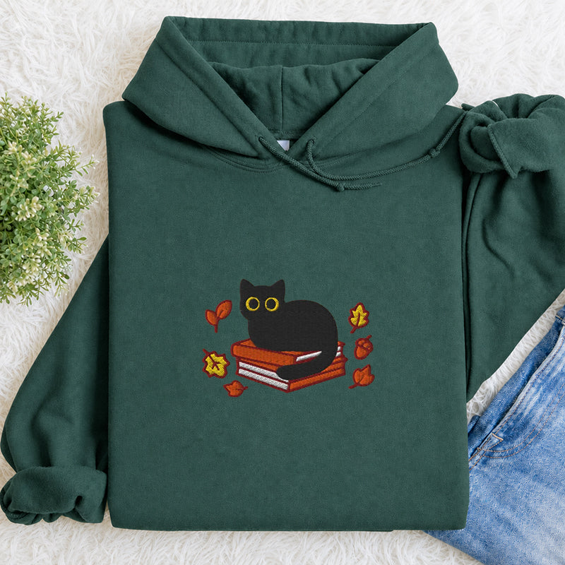 Embroidered Autumn Black Cat Book Classic Adult Unisex Hoodie