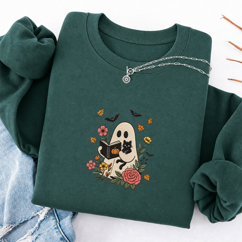 Embroidered Floral Ghost Reading Classic Crewneck Sweatshirt
