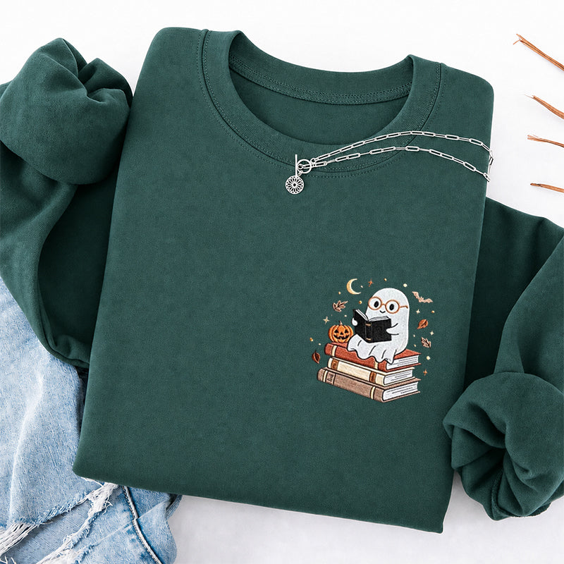Embroidered Ghost Reading Books Classic Crewneck Sweatshirt