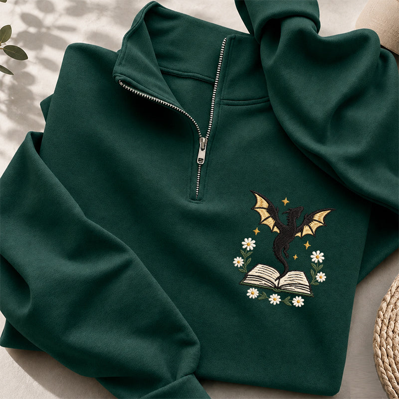 Embroidered Dragon Floral Book Classic Quarter Zip Sweatshirt