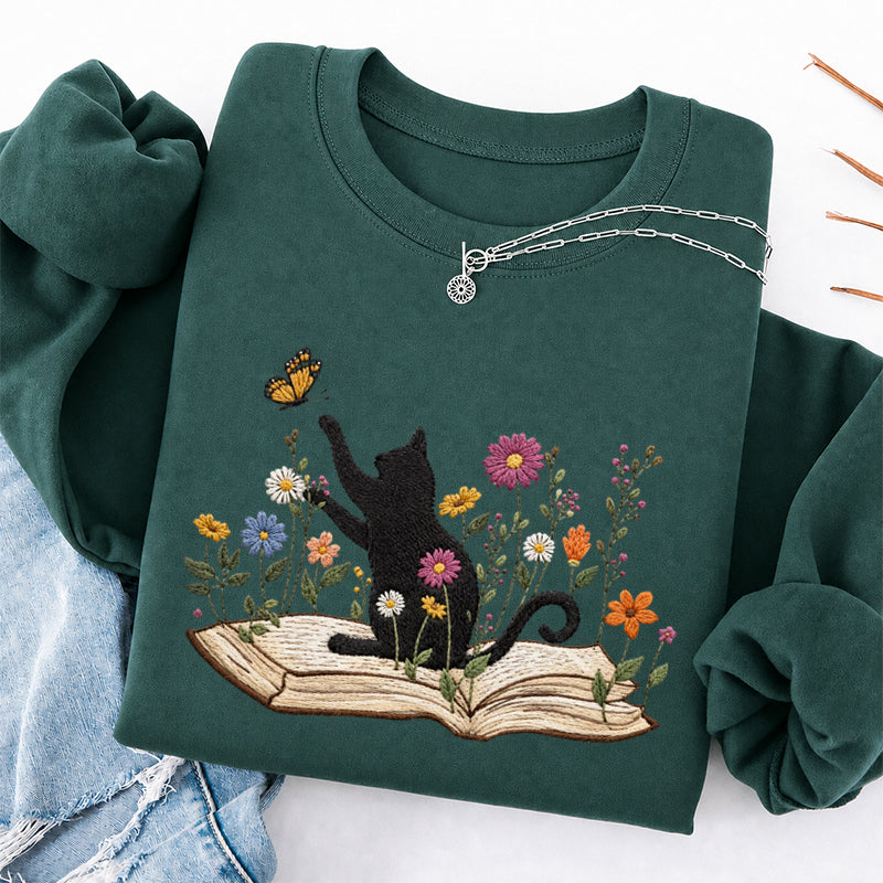 Embroidered Floral Book Cat Classic Crewneck Sweatshirt