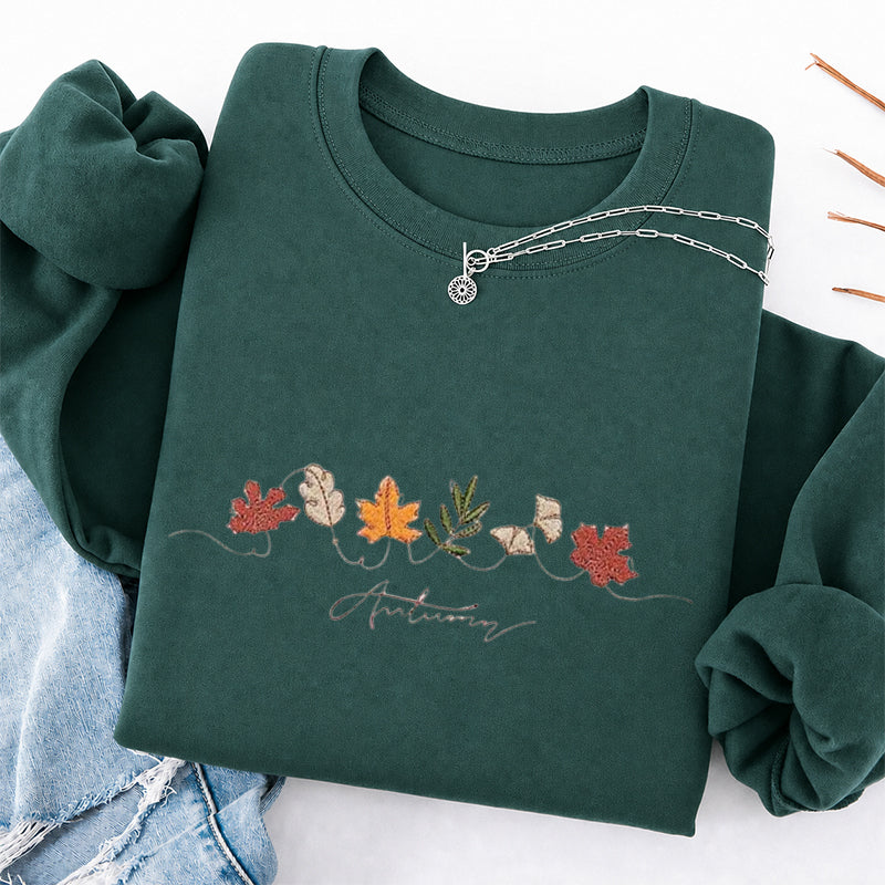 Embroidered Autumn Leaves Classic Crewneck Sweatshirt