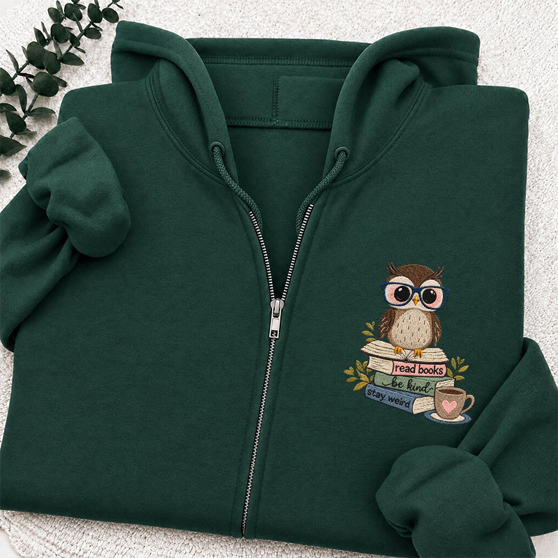 Embroidered Read Books Be Kind Owl Classic Full Zip Hoodie