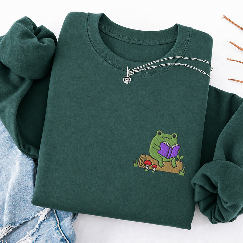 Embroidered Cute Reading Frog Classic Crewneck Sweatshirt