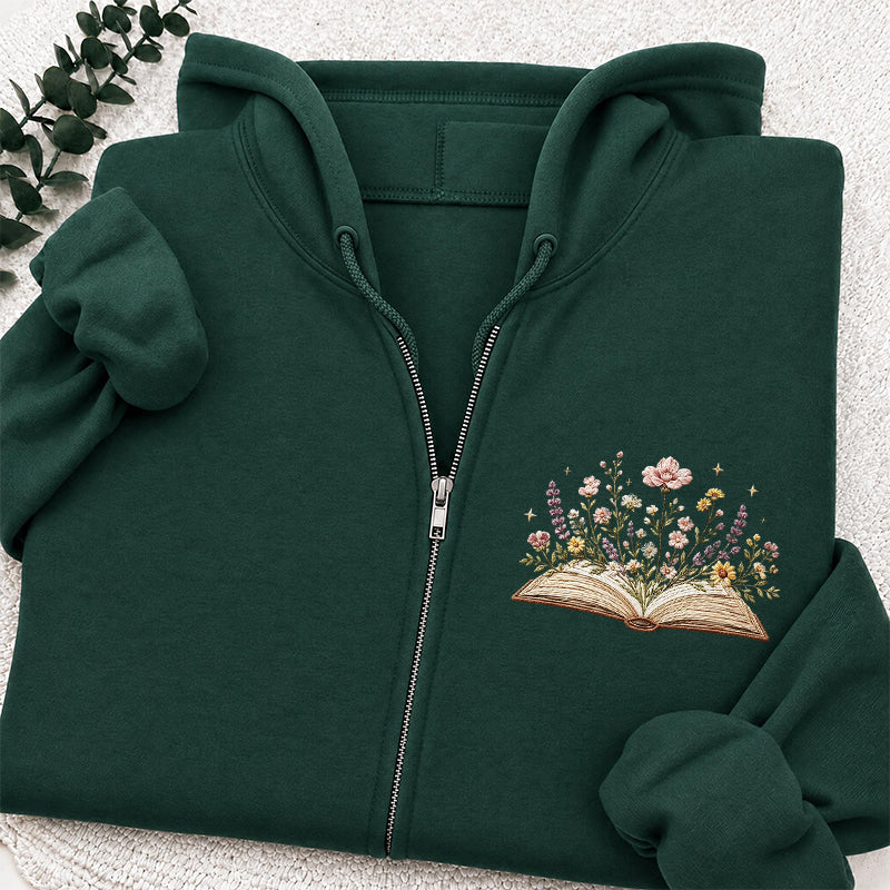Embroidered Floral Book Adult Unisex Full Zip Hoodie