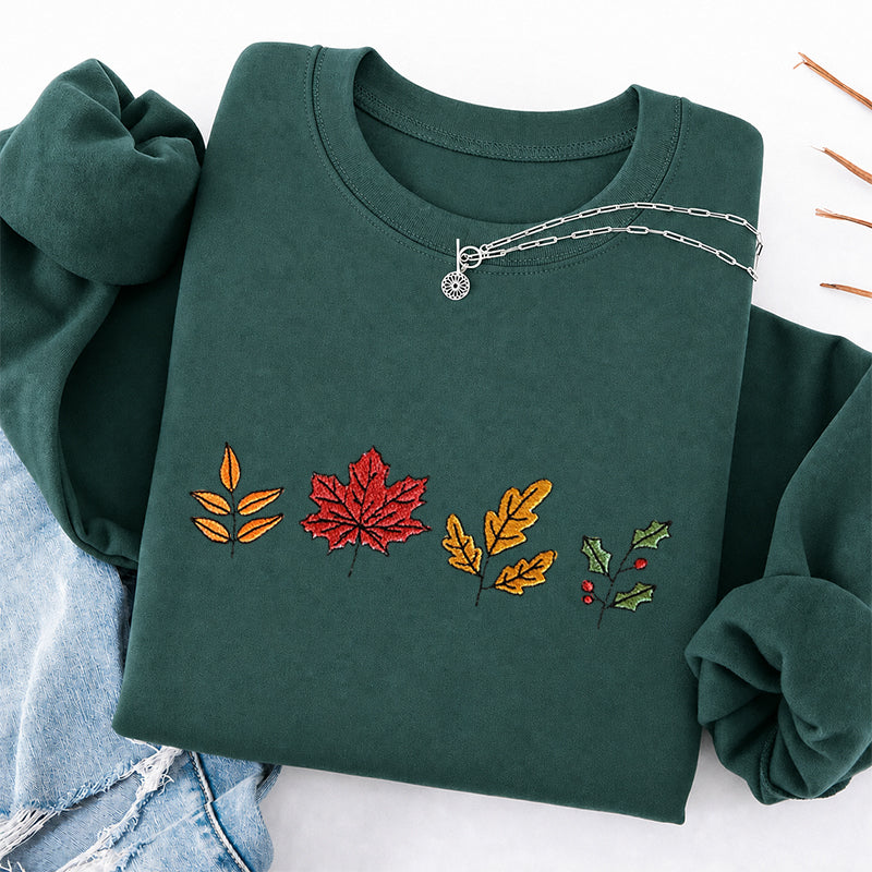 Embroidered Colorful Fall Leaves Classic Crewneck Sweatshirt