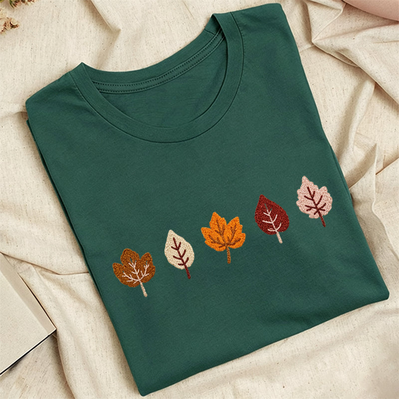 Embroidered Fall Leaves Classic Adult Unisex Crew Neck T-Shirt